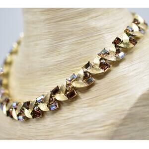 Francois Vintage Crystal Leaf Necklace Collar Baguette Rhinestone Signed Bin4